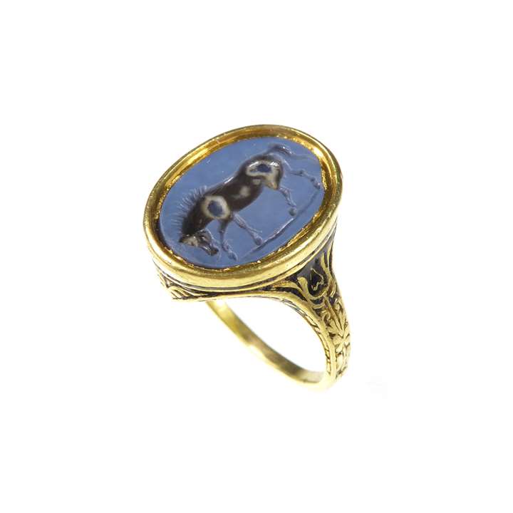 Renaissance gold and enamel ring set with a Roman intaglio of a horse